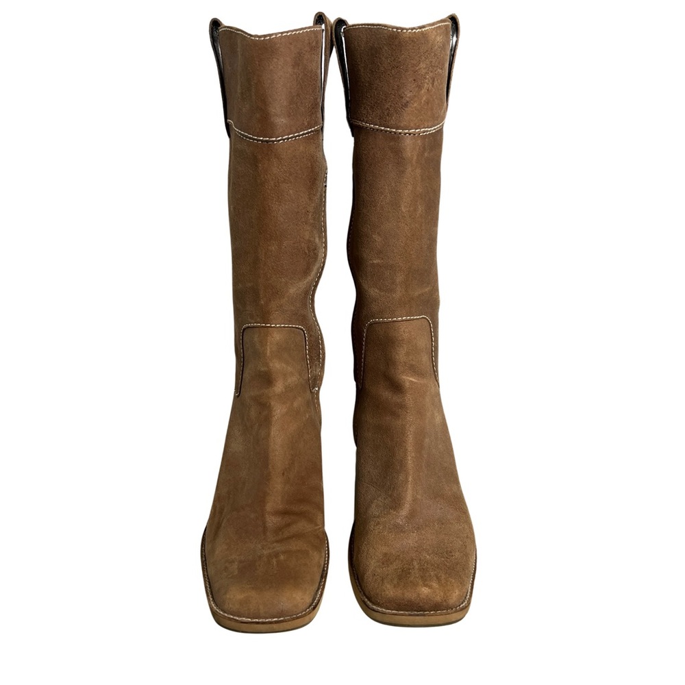Nine West Tan Suede Square Toe Low Block Heel Boots Size 7